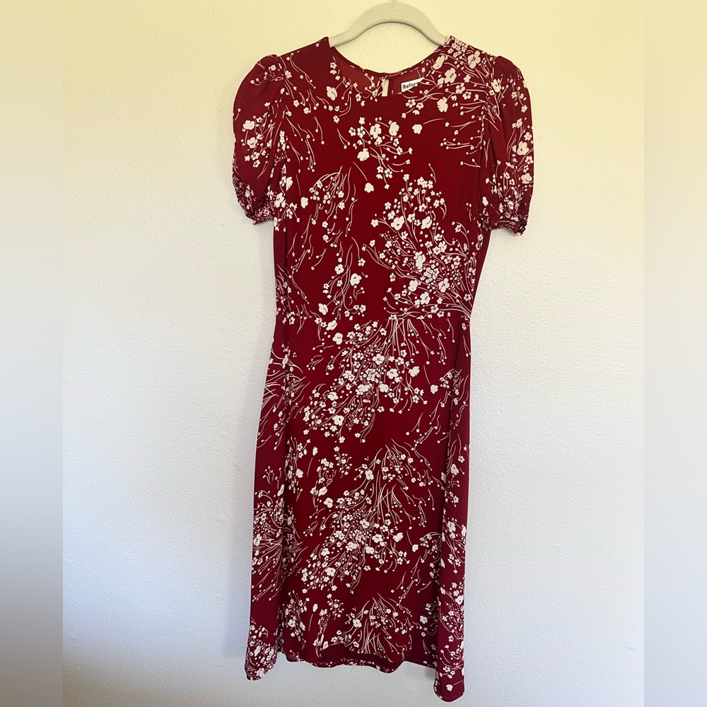 Reformation Red Puff Sleeve Sheath Midi Dress